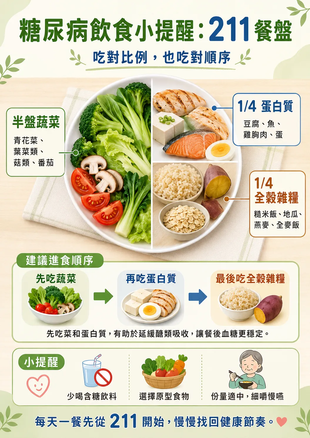 211 餐盤示意圖：半盤蔬菜、四分之一蛋白質、四分之一全穀雜糧；建議先吃蔬菜、再吃蛋白質、最後吃全穀雜糧